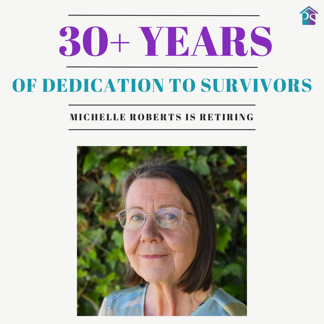Retirement announcement for Michelle Roberts, celebrating 30+ years of dedication to survivors, featuring her portrait against a green ivy background.
